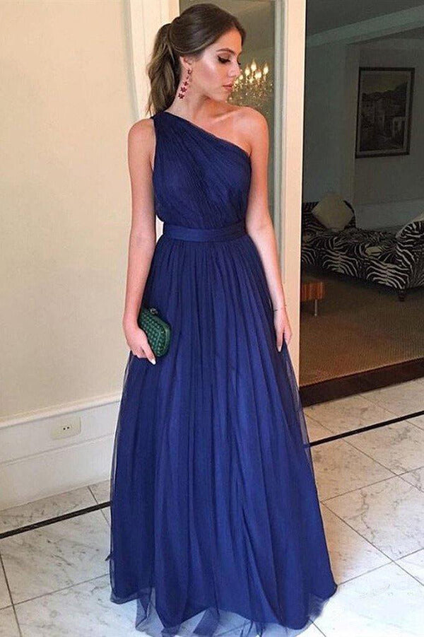 Simple Blue Tulle A-line One Shoulder Long Prom Dresses, Evening Gown, MP685 | long prom dress | blue prom dresses | cheap prom dresses | www.musebridals.com