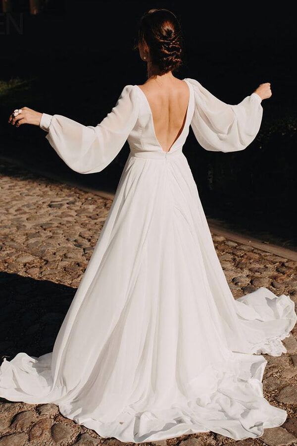 Chiffon A-line Puffy Sleeves Beach Wedding Dress MW644