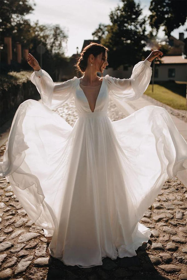 Puff Sleeve Long Flowy Sleeve Wedding Dress Simple Chiffon A-line