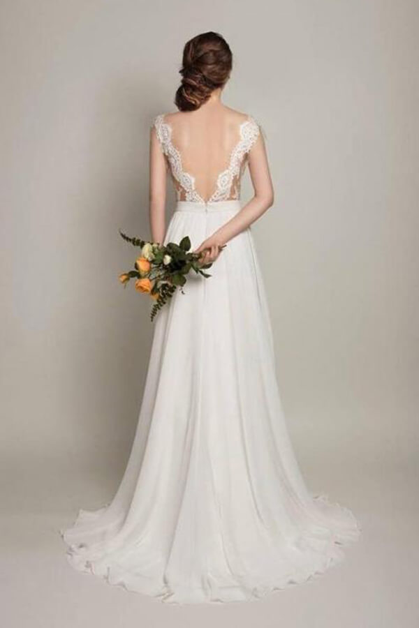 Simple Chiffon Lace Scoop Open Back Sweep Train Wedding Dresses, MW586 Simple Chiffon Lace Scoop Open Back Sweep Train Wedding Dresses, MW586