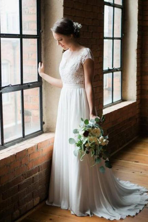 Simple Chiffon Lace Scoop Open Back Sweep Train Wedding Dresses, MW586 Simple Chiffon Lace Scoop Open Back Sweep Train Wedding Dresses, MW586