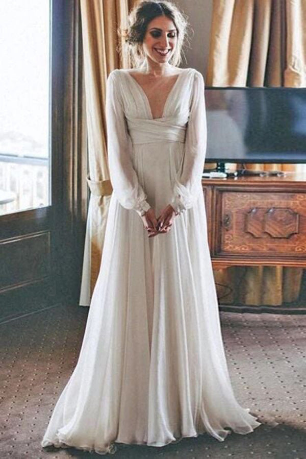 Chiffon Long Sleeves A-line Beach Wedding Dresses, MW658 | Musebridals Chiffon Long Sleeves A-line Beach Wedding Dresses, MW658 | Musebridals