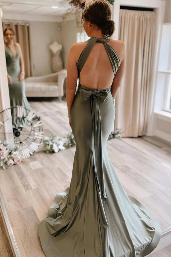 Simple Gray Green Mermaid Satin Long Bridesmaid Dresses With Train, MBD170 Simple Gray Green Mermaid Satin Long Bridesmaid Dresses With Train, MBD170