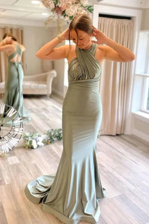 Gray Green Mermaid Satin Long Bridesmaid Dresses MBD170 | Musebridals Gray Green Mermaid Satin Long Bridesmaid Dresses MBD170 | Musebridals