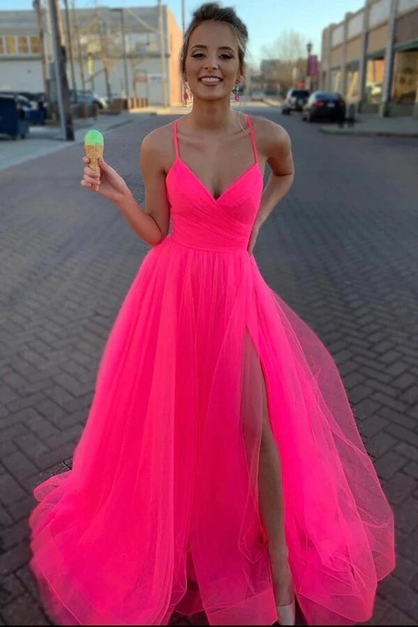 Simple Hot Pink Tulle A-line Prom dresses With Slit, Long Formal Dress, MP745