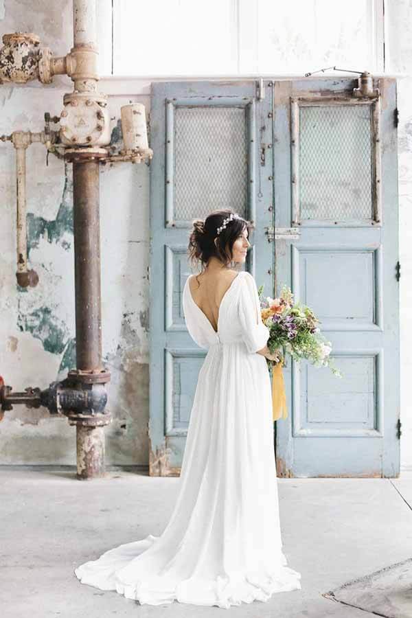 Simple Ivory Chiffon A-line V-neck Half Sleeves Long Wedding Dresses, MW694 Simple Ivory Chiffon A-line V-neck Half Sleeves Long Wedding Dresses, MW694