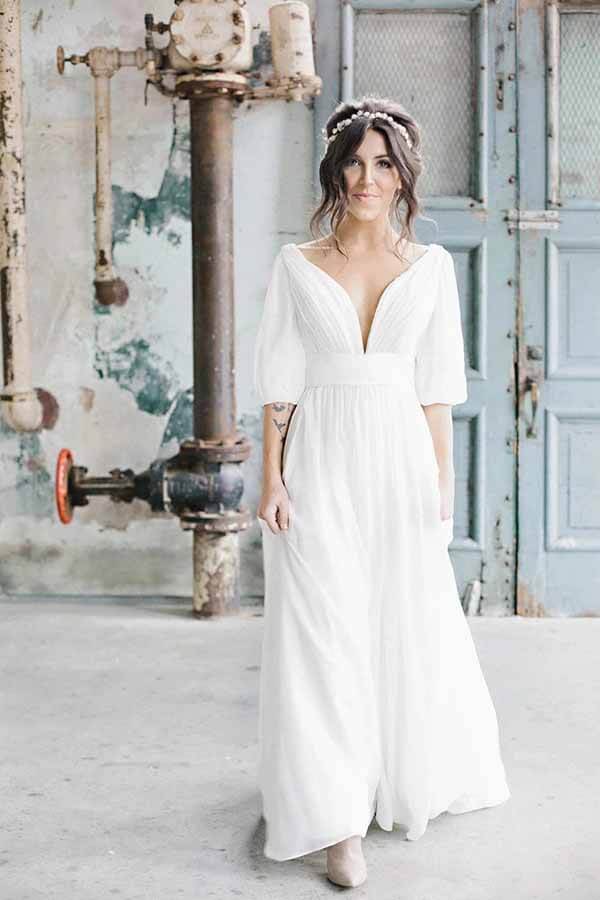 Simple Ivory Chiffon A-line V-neck Half Sleeves Long Wedding Dresses, MW694 Simple Ivory Chiffon A-line V-neck Half Sleeves Long Wedding Dresses, MW694