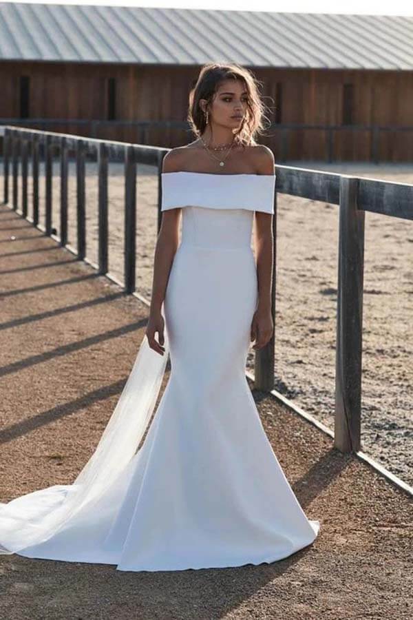 Simple Ivory Mermaid Off the Shoulder Wedding Dresses Bridal Gowns MW696