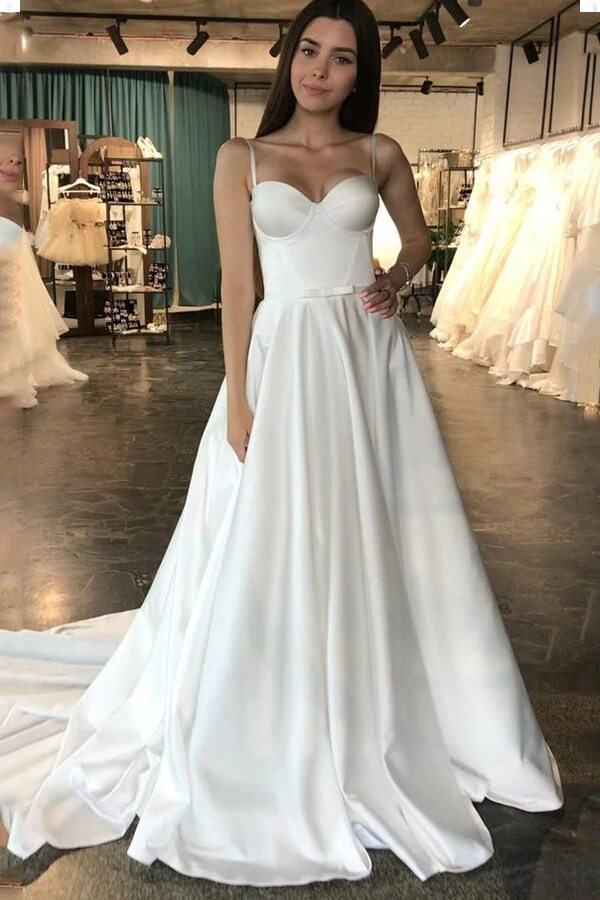 Simple Ivory Satin A-line Sweetheart Wedding Dress MW701 | Musebridals Simple Ivory Satin A-line Sweetheart Wedding Dress MW701 | Musebridals
