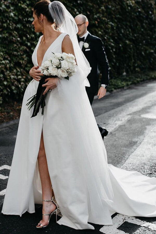 Ivory Satin A-line Wedding Dresses with Pockets, MW537 | Musebridals Ivory Satin A-line Wedding Dresses with Pockets, MW537 | Musebridals