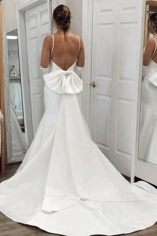 cheap mermaid wedding dresses under $100 Simple Ivory Satin Mermaid V Neck Wedding Dresses MW764