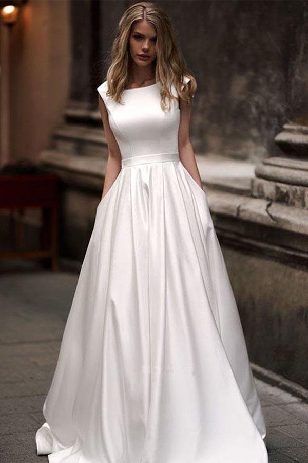 Simple Ivory Satin Vintage A-line Princess Wedding Dresses With Pockets, MW698 Simple Ivory Satin Vintage A-line Princess Wedding Dresses With Pockets, MW698