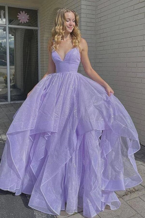 Ball Gown Lilac Long Prom Dresses V Neck Backless Fluffy Lilac