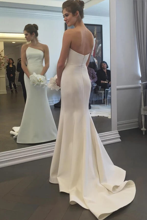 chinese dress ladies Simple Mermaid Ivory Strapless Wedding Dresses With Train, Wedding Gown,  MW781