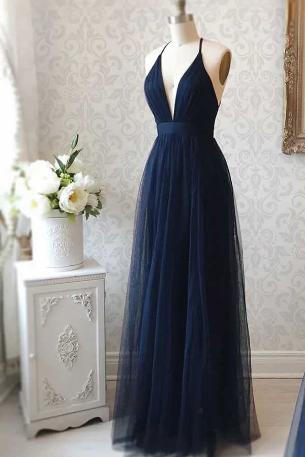 blue dress for baby girl Mermaid Deep V Neck Satin Navy Blue Prom Dress with Appliques PSK557 US12 / Custom Color main image 0