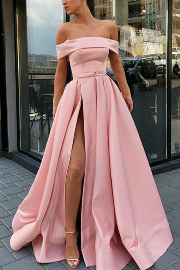 Simple Pink Satin A-line Off Shoulder Sweep Train Prom Dresses With Belt, MP667 Simple Pink Satin A-line Off Shoulder Sweep Train Prom Dresses With Belt, MP667