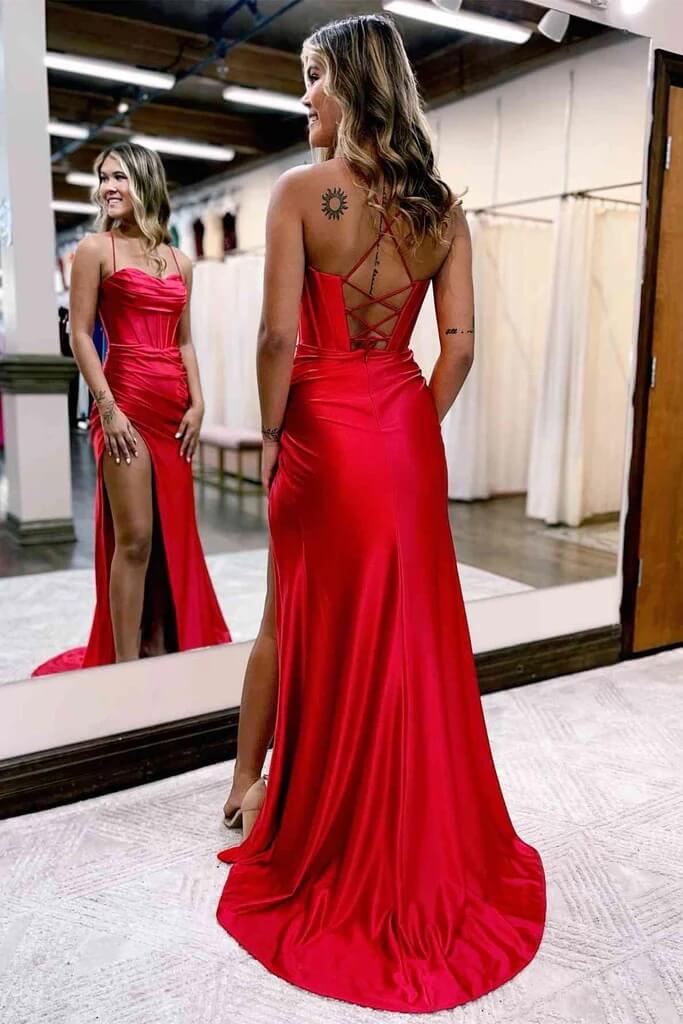 Red Satin Spaghetti Straps Prom Dresses With Slit MP787