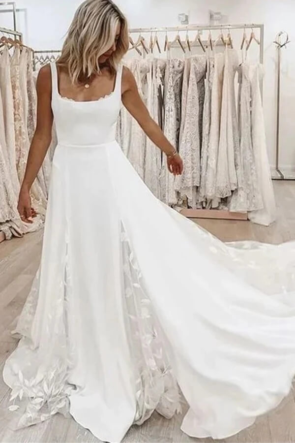 Simple Satin A-line Square Neckline Beach Wedding Dresses, Bridal Gown,  MW805