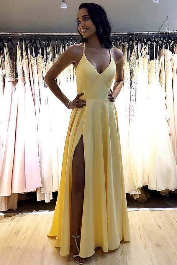 Simple Satin A-line V-neck Prom Dresses, Evening Gowns With Side Split, MP661 | yellow prom dresses | evening dresses | long formal dresses | www.musebridals.com