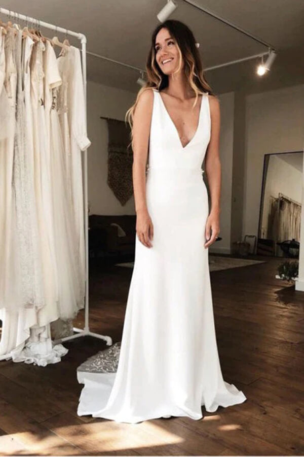 Simple Satin Sheath Deep V-neck Wedding Dresses MW746