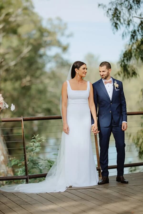 Satin Sheath Square Neck Backless Wedding Dress MW755 | Musebridals Satin Sheath Square Neck Backless Wedding Dress MW755 | Musebridals
