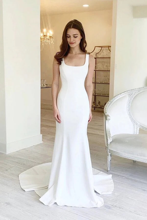 Simple Satin Sheath Square Neck Backless Wedding Dress With Sweep Train, MW755 Simple Satin Sheath Square Neck Backless Wedding Dress With Sweep Train, MW755