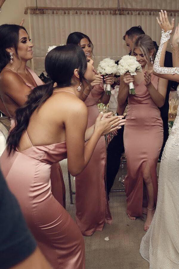Simple Sheath Pink Sleeveless Long Bridesmaid Dresses With Side Split, MBD149 Simple Sheath Pink Sleeveless Long Bridesmaid Dresses With Side Split, MBD149