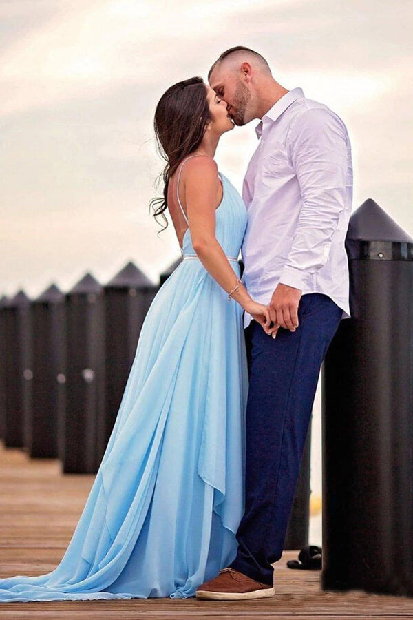 Simple Sky Blue Rustic Thigh Split Beach Wedding Dresses with Sweep Train MW527