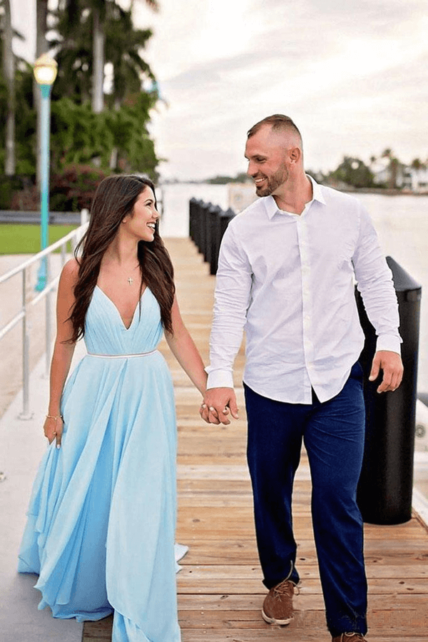 Sky Blue Rustic Thigh Split Beach Wedding Dresses, MW527
