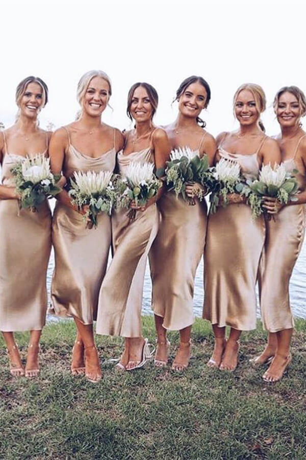 Simple Taffeta Spaghetti Straps Sheath Tea Length Bridesmaid Dresses, MBD142