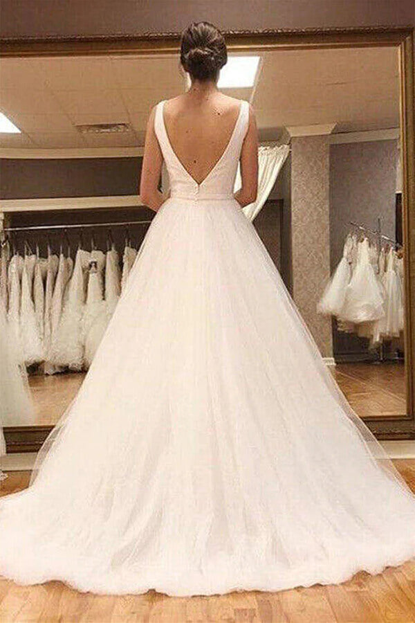 Simple Tulle A-line V-neck Open Back Wedding Dresses, Wedding Gowns, MW765 Simple Tulle A-line V-neck Open Back Wedding Dresses, Wedding Gowns, MW765