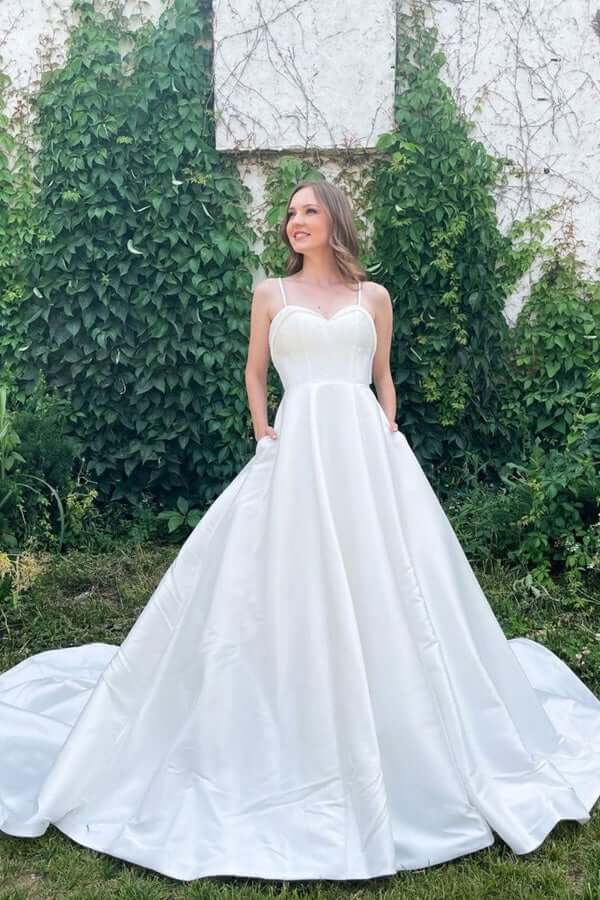 Simple White A-line Satin Spaghetti Straps Sweetheart Neck Wedding Dresses, MW757 Simple White A-line Satin Spaghetti Straps Sweetheart Neck Wedding Dresses, MW757