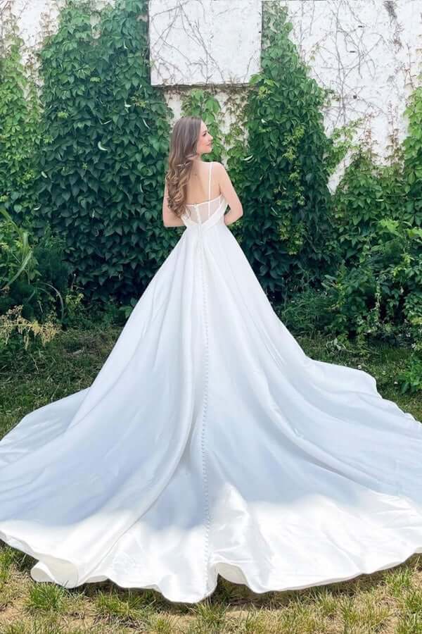 Simple White A-line Satin Spaghetti Straps Sweetheart Neck Wedding Dresses, MW757 Simple White A-line Satin Spaghetti Straps Sweetheart Neck Wedding Dresses, MW757