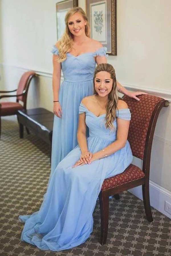 white christmas dresses Dusty Blue Chiffon Long Bridesmaid Dress with Off Shoulder – FancyVestido main image 0