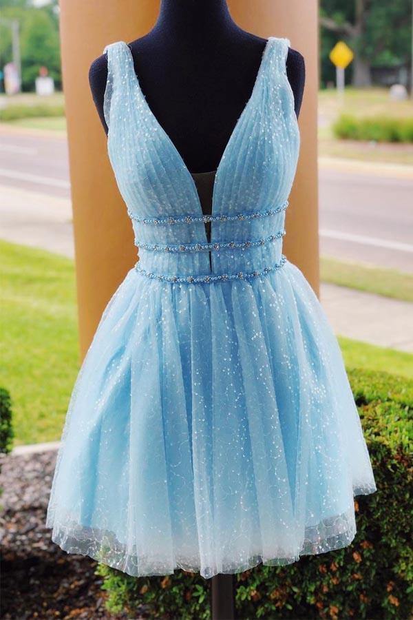 Sparkle Sky Blue Backless Beaded Homecoming Dresses, Graduation Dress, MH527 Sparkle Sky Blue Backless Beaded Homecoming Dresses, Graduation Dress, MH527