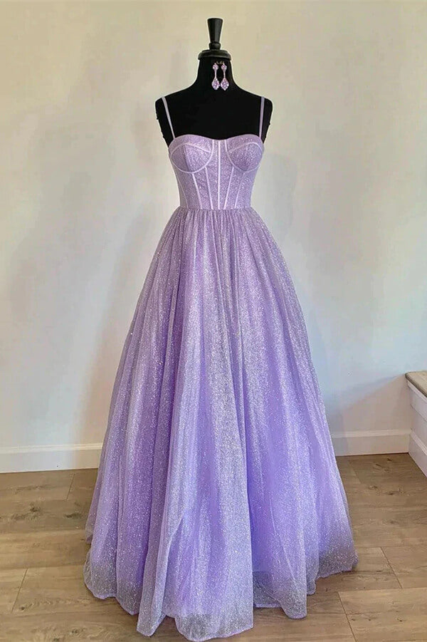 Sparkly Lilac A-line Spaghetti Straps Prom Dresses MP705