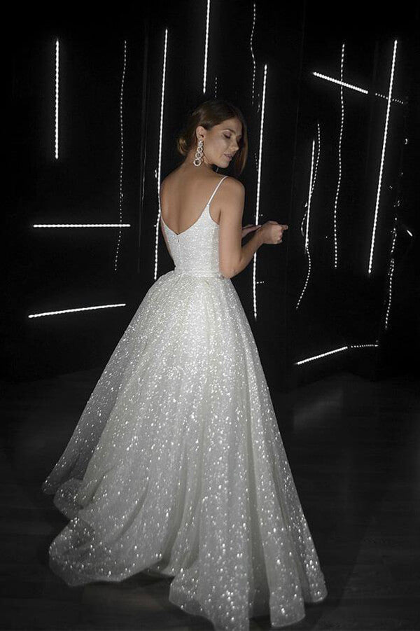 Sparkly A-line V-neck Spaghetti Straps Wedding Dresses, Bridal Gowns, MW688