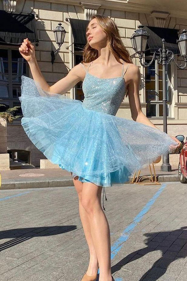 Sparkly Blue A-line Spaghetti Straps Homecoming Dress, Short Prom Dresses, MH560 Sparkly Blue A-line Spaghetti Straps Homecoming Dress, Short Prom Dresses, MH560