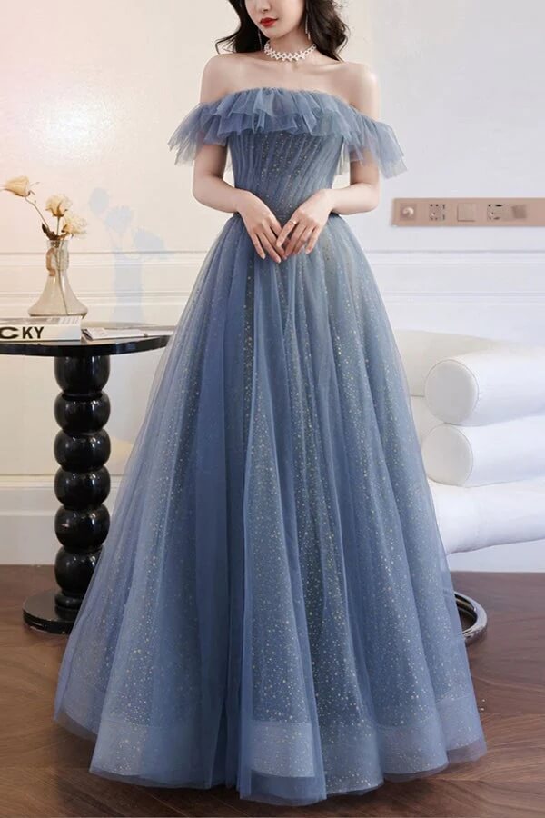 Sparkly Gray Tulle Blue A-line Off-the-Shoulder Prom Dresses, Evening Gown, MP716 Sparkly Gray Tulle Blue A-line Off-the-Shoulder Prom Dresses, Evening Gown, MP716