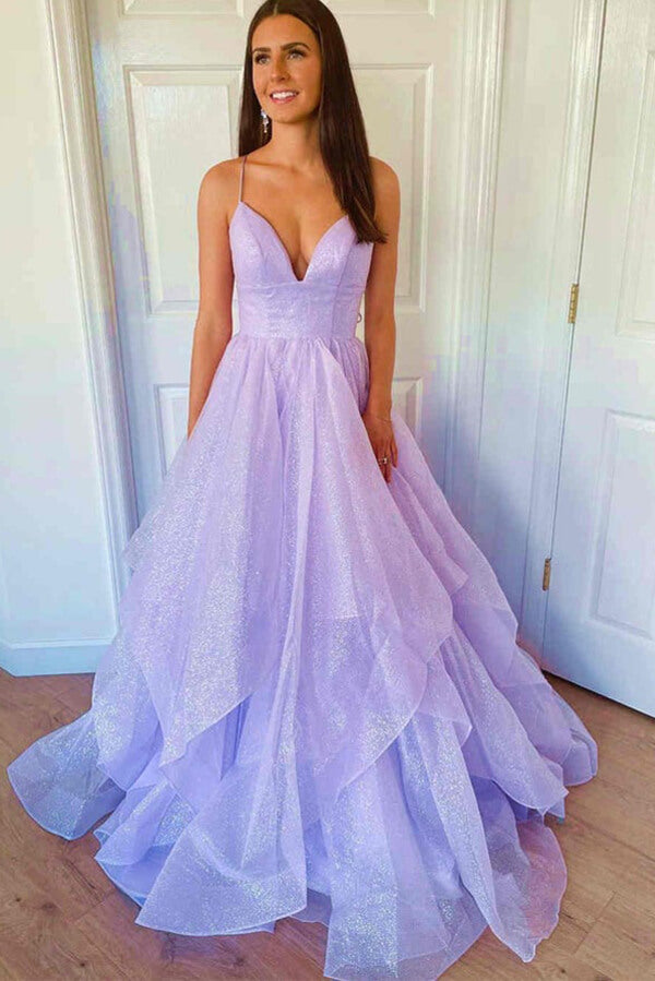 Purple Tiered Tulle Skirt Prom Dresses Deep V-neckline