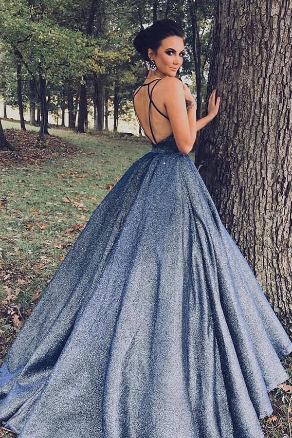 Navy Blue Sparkly Prom Dress Sparkly Navy Blue Ball Gown V-neck