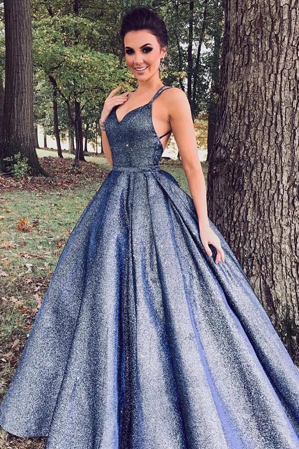 Sparkly Navy Blue Ball Gown V-neck Prom Dresses, Long Formal Dresses, MP681