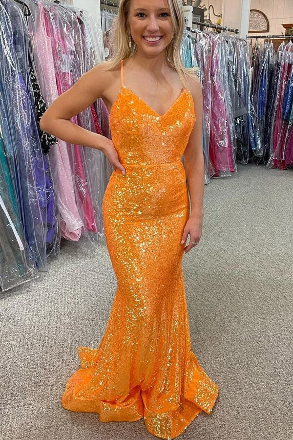 Sparkly Orange Sequins Mermaid V-neck Prom Dresses, Long Formal Dress, MP684