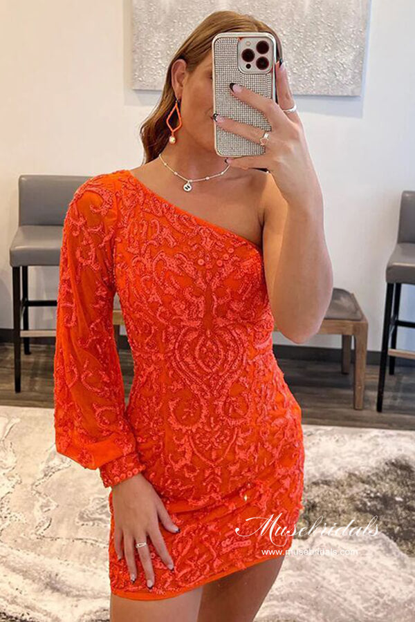 Sparkly Orange Sheath Sequins One Shoulder Mini Homecoming Dresses, MH583 Sparkly Orange Sheath Sequins One Shoulder Mini Homecoming Dresses, MH583