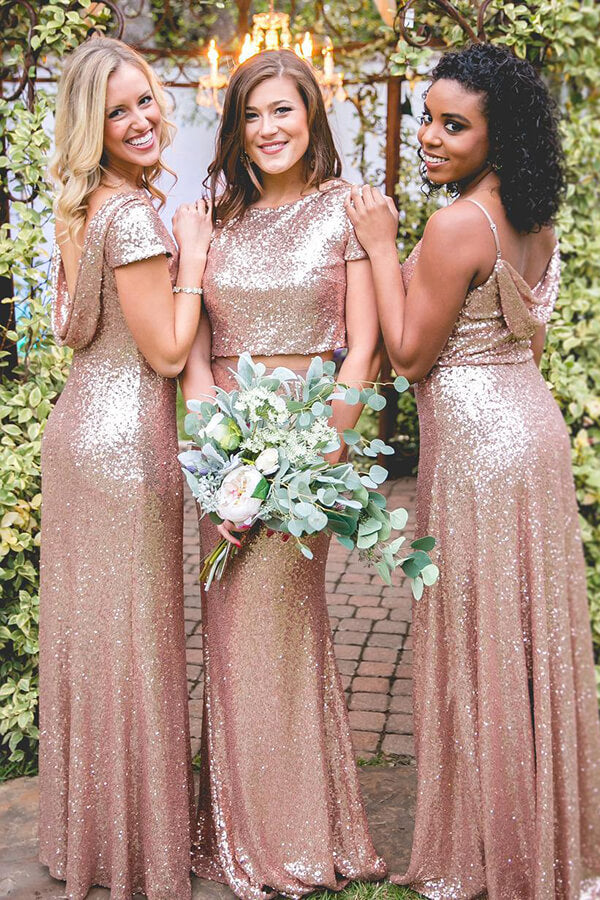 Sparkly Rose Gold Mismatched Sequins Floor Length Bridesmaid Dresses, MBD152 Sparkly Rose Gold Mismatched Sequins Floor Length Bridesmaid Dresses, MBD152