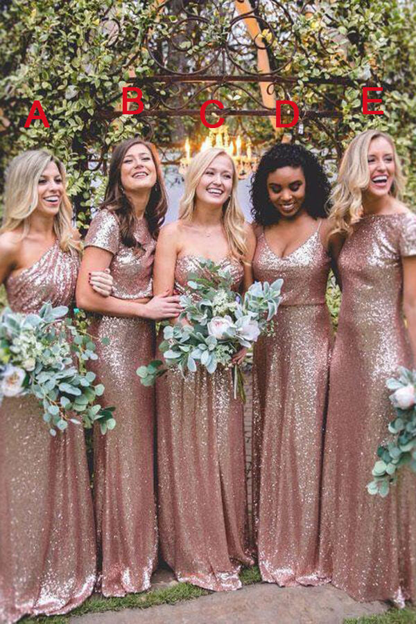 Sparkly Rose Gold Mismatched Sequins Floor Length Bridesmaid Dresses, MBD152 Sparkly Rose Gold Mismatched Sequins Floor Length Bridesmaid Dresses, MBD152