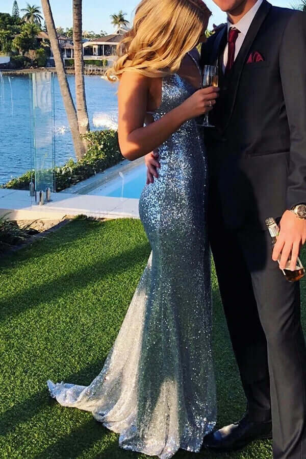 baby blue vacation dress Backless Mermaid Light Blue Plunging Neck Long Prom Dress – FancyVestido main image 1