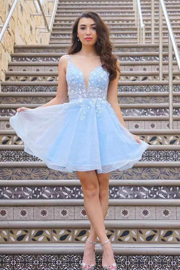 Sparkly Sky Blue Tulle A-line V-neck Homecoming Dresses With Flowers, MH547 Sparkly Sky Blue Tulle A-line V-neck Homecoming Dresses With Flowers, MH547