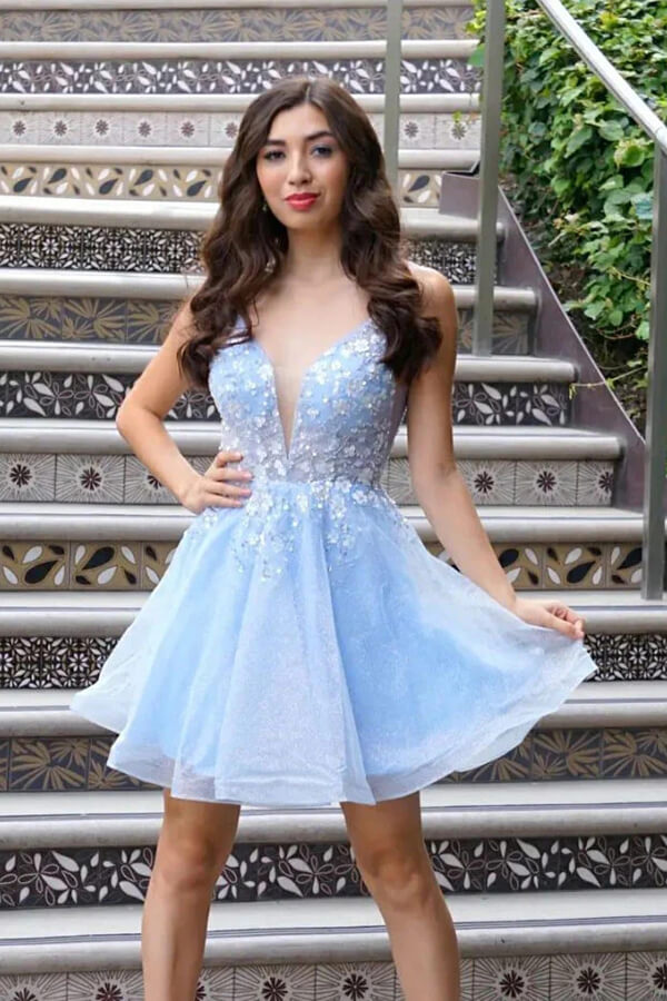 Sparkly Sky Blue Tulle A-line V-neck Homecoming Dresses With Flowers, MH547 Sparkly Sky Blue Tulle A-line V-neck Homecoming Dresses With Flowers, MH547