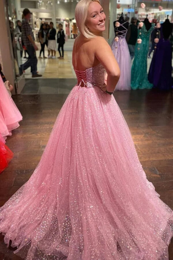 Sparkly Tulle Pink A-line Strapless Long Prom Dresses, Evening Dresses, MP818 Sparkly Tulle Pink A-line Strapless Long Prom Dresses, Evening Dresses, MP818